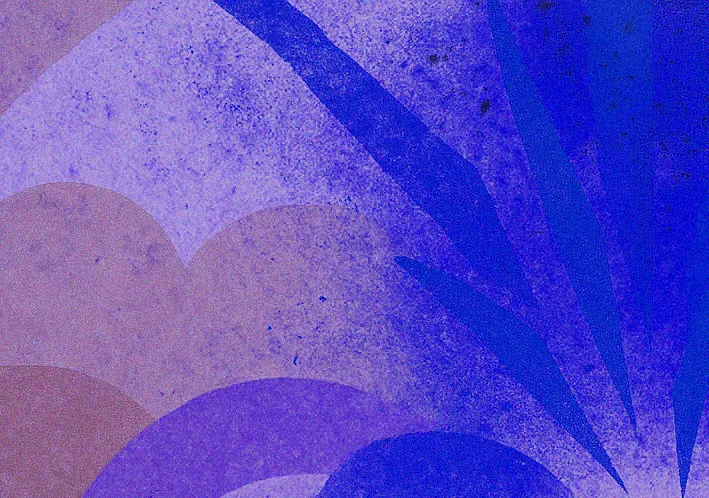 An abstract painting in deep cobalt and dusty purple.