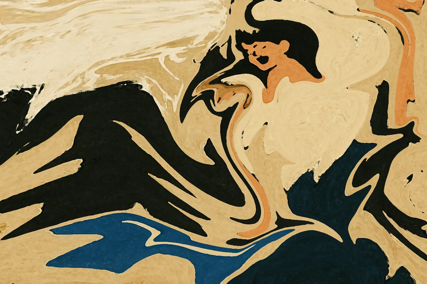 An abstract marbled painting in cream, black, blue, and orange with a small figure.