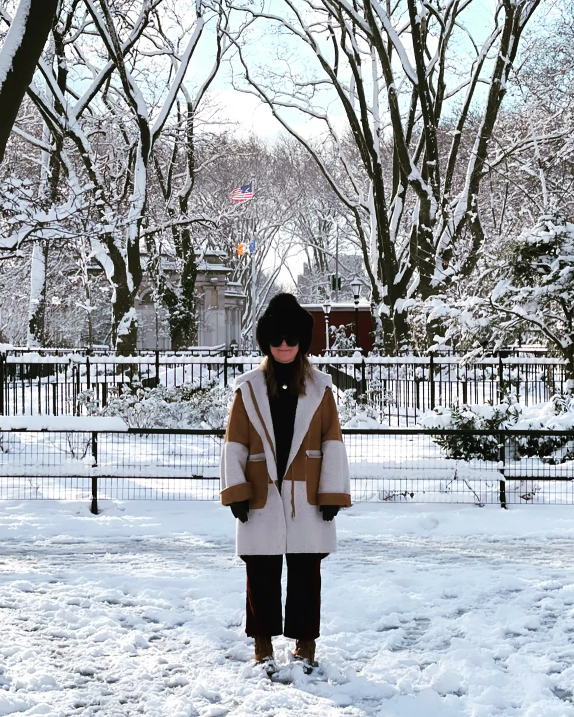 A figure in winter clothes standing in fresh snow under bare trees.